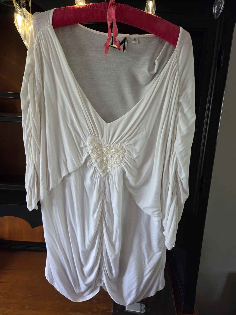 Marc Bouwer White V-Neck Tunic with Beaded Heart Appliqué